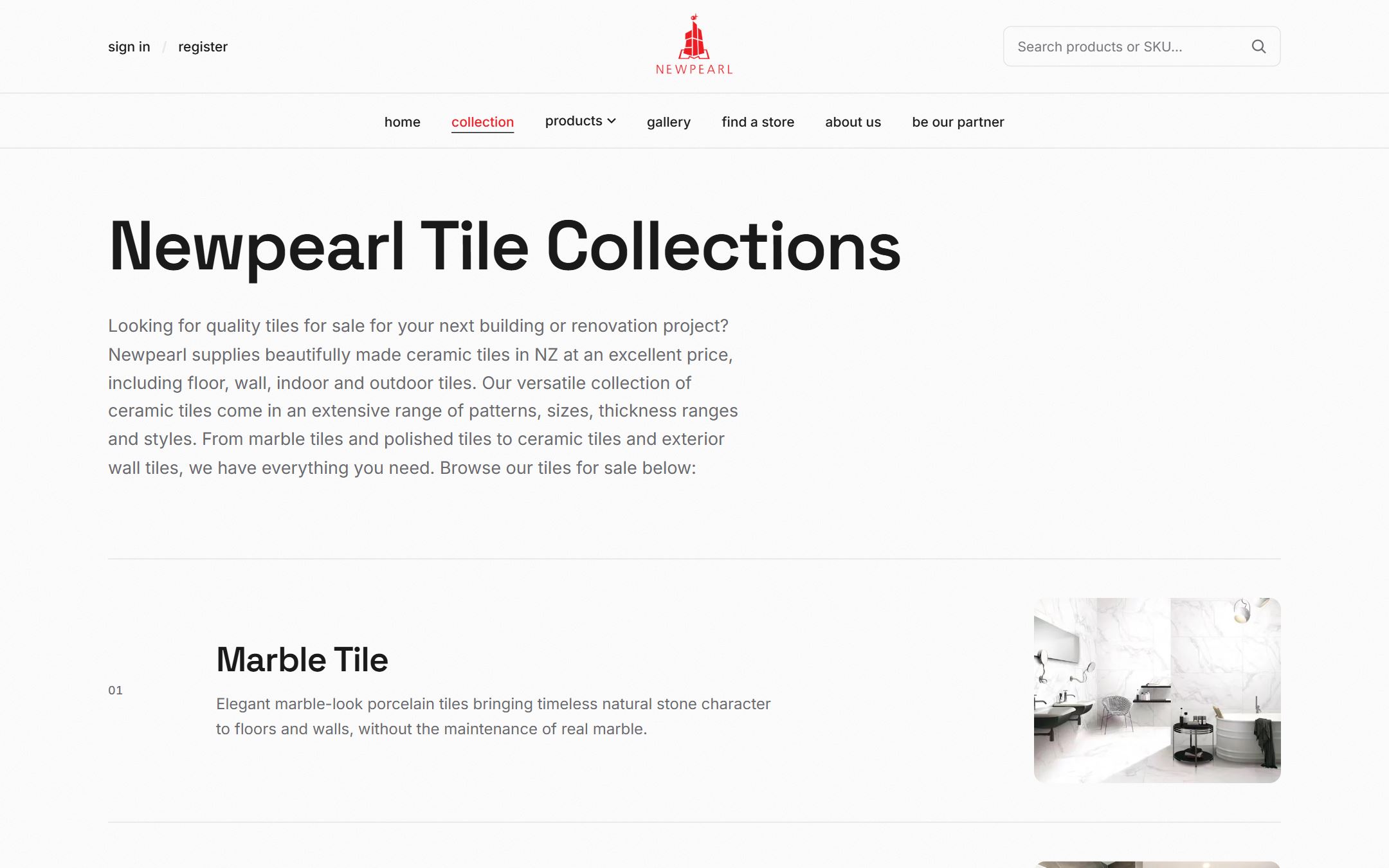 Newpearl Tile Collections page listing marble tile and other ranges