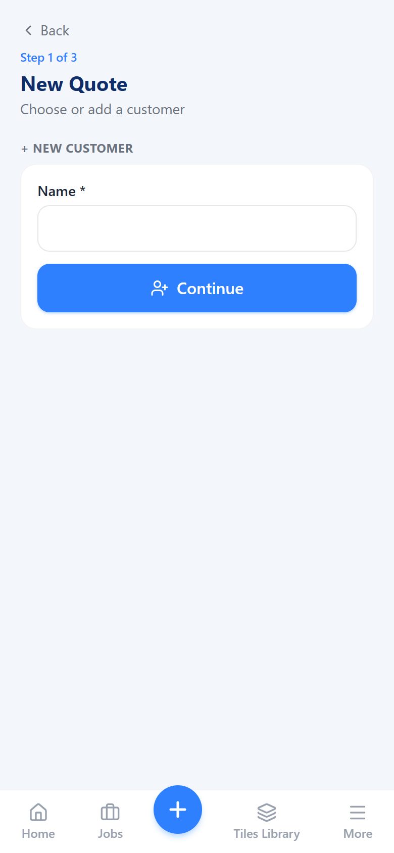 QuoteMate new quote, step 1 of 3: choose or add a customer