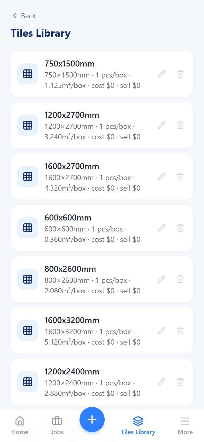 QuoteMate tile library listing tile sizes with pieces and square metres per box